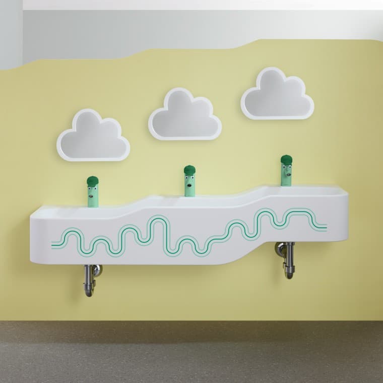 森林绿搭配浅绿色的 Geberit Bambini 儿童系列戏水洗漱区 森林绿搭配浅绿色的 Geberit Bambini 儿童系列戏水洗漱区